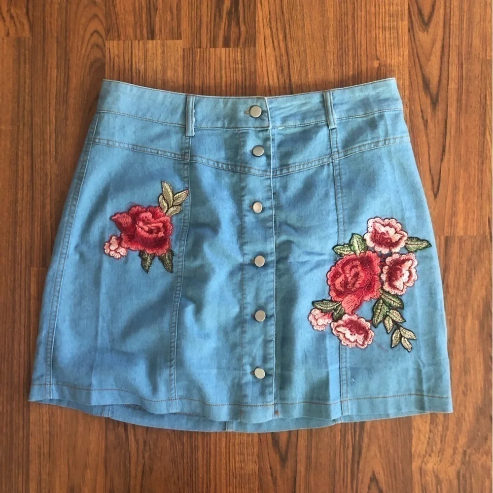 JEAN skirt button down floral size large - Picture 1 of 4